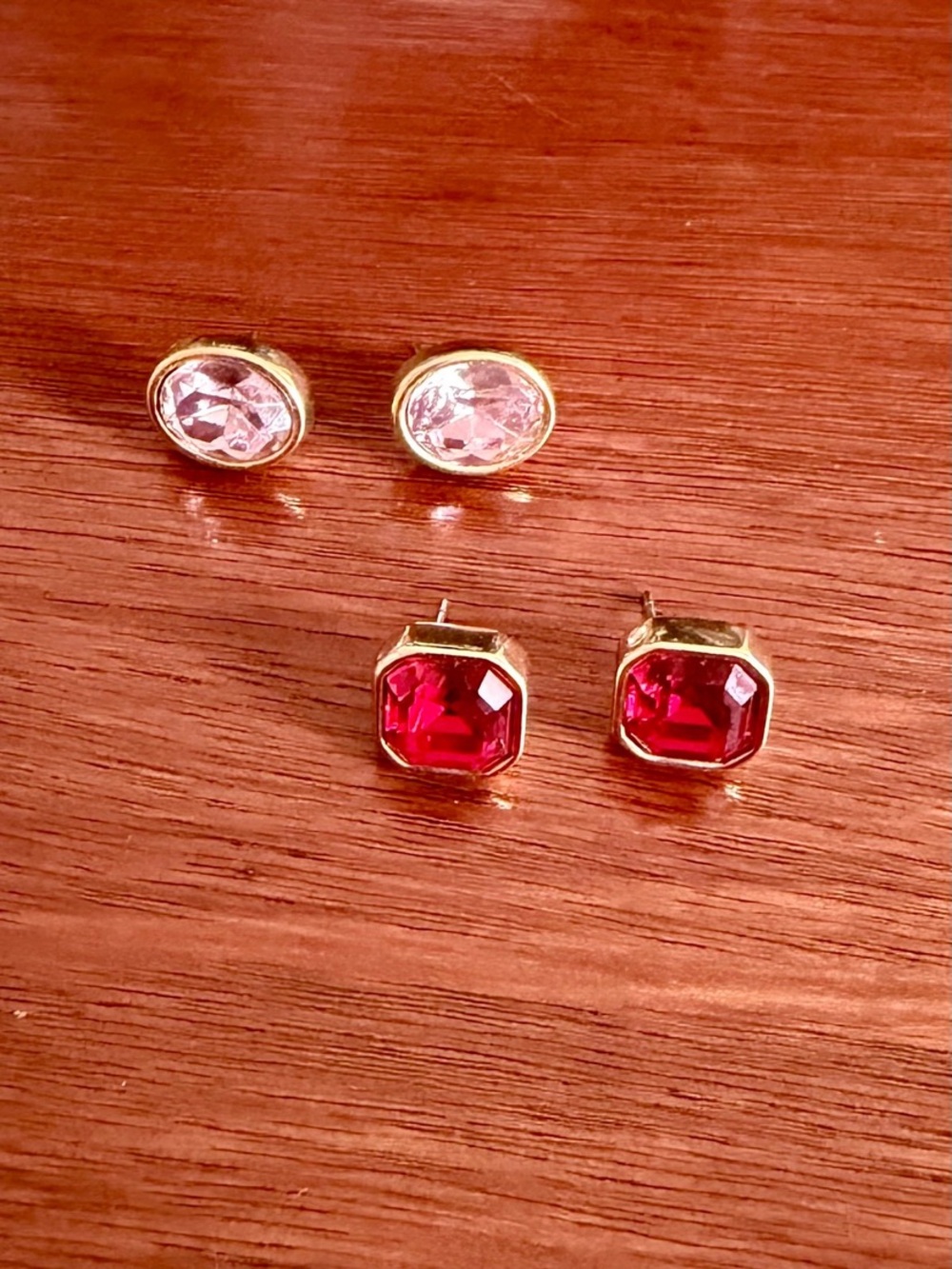S.A.L Swarovski Gold Toned Square Red & Oval Pink Rhinestone Stud Earrings
